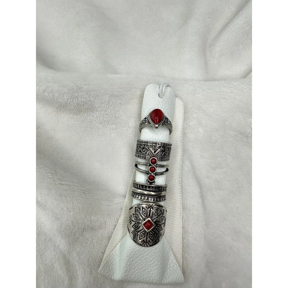 NEW Free People Boho Silver Tone Red Stone Ring Set Womens 6pc Stackable Vintage